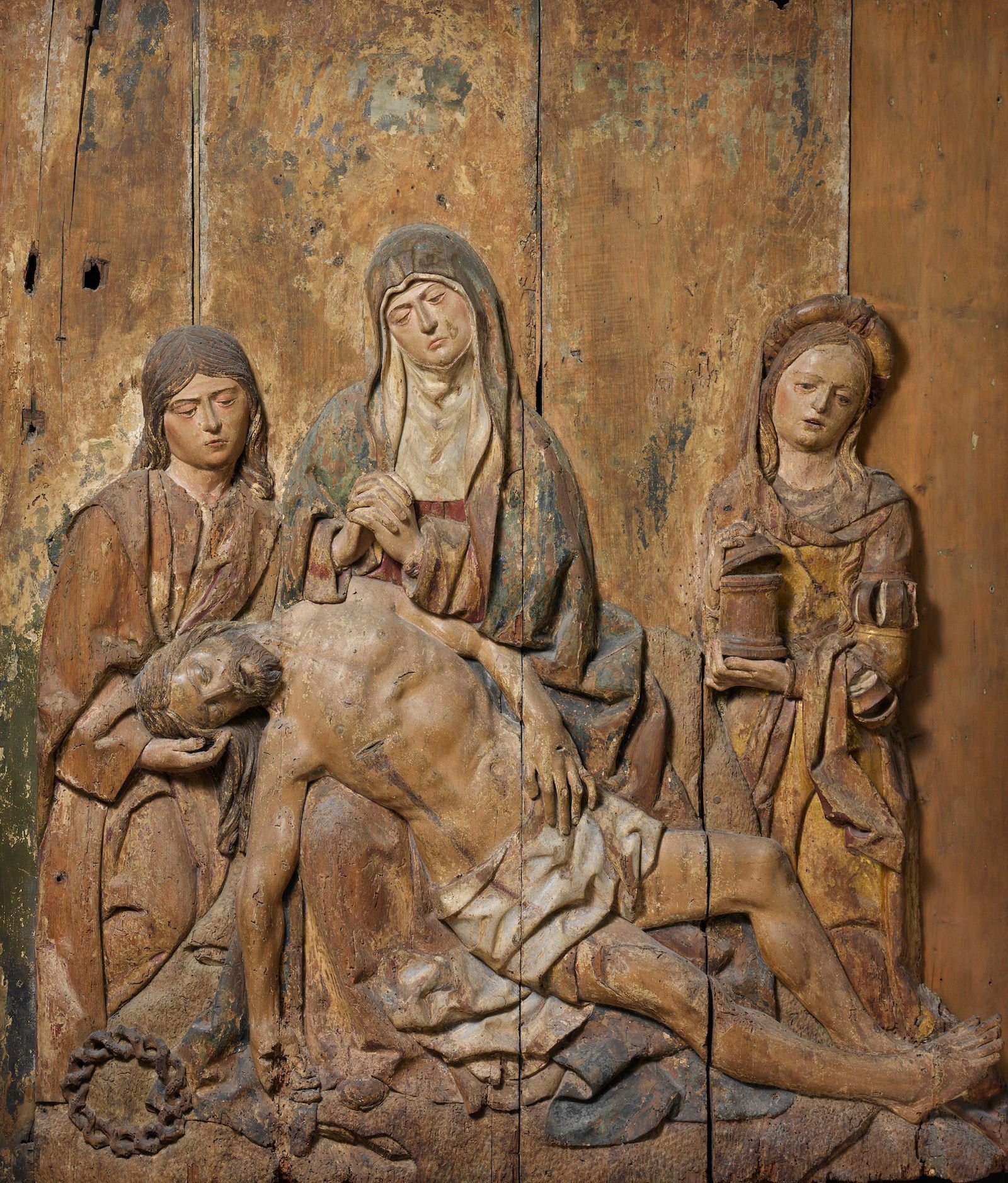 Pietà (Lamentation), St. John and Mary Magdalene mourn with the Virgin Mary over the crucified Jesus Christ. French, c. 16th century. Metropolitan Museum of Art. Public Domain.