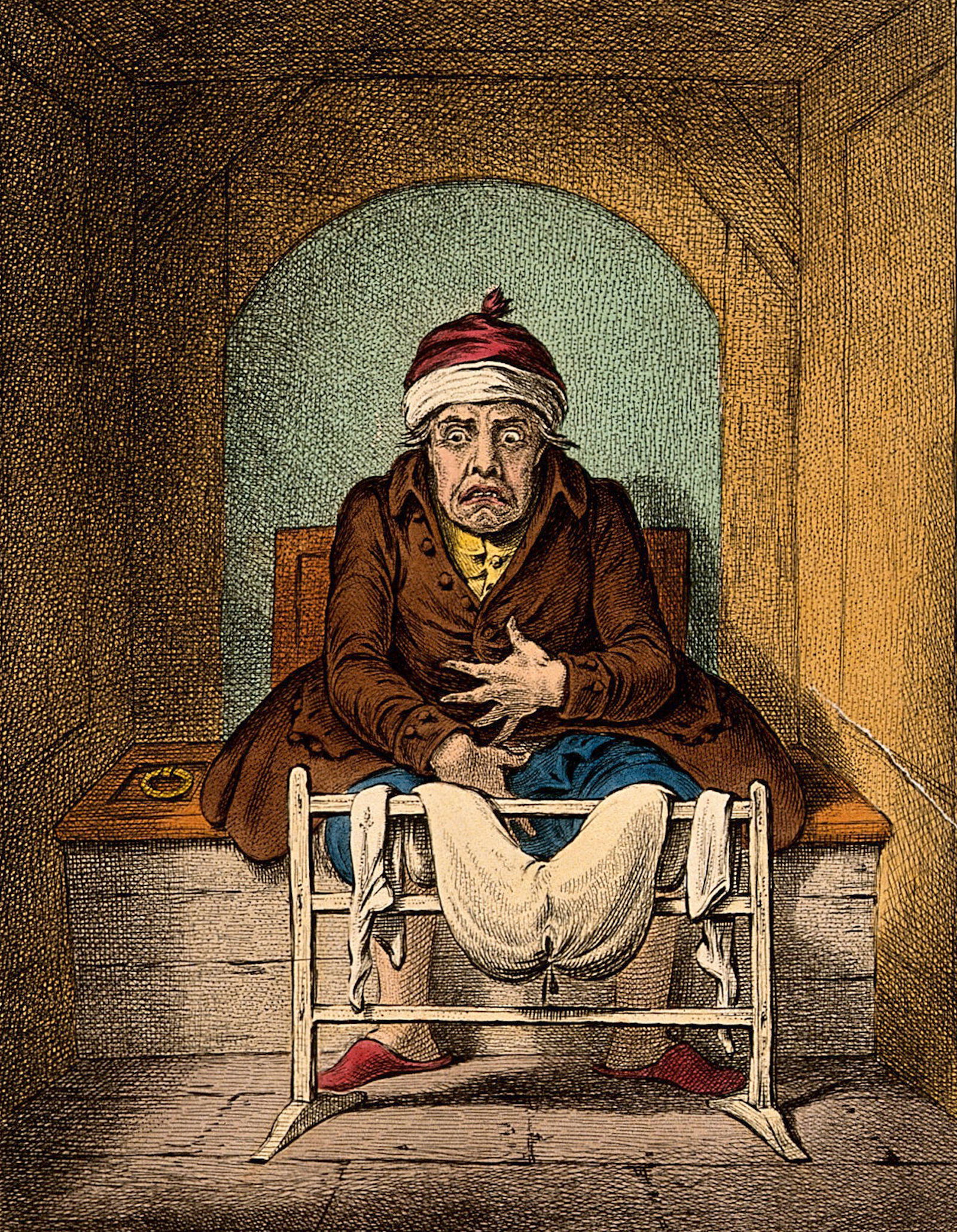 ‘Brisk Cathartic’: A sick man stranded on the toilet after taking a laxative. Coloured etching by J. Gillray, 1804, after J. Sneyd. Wellcome Collection. Public Domain.