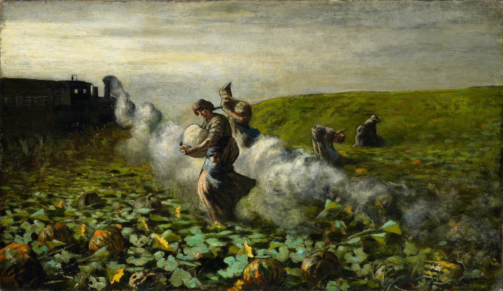 ‘The Pumpkin Harvest’ by Giovanni Segantini shows rural life being encroached upon by industrialisation, 1897. Minneapolis Institute of Art. Public Domain.