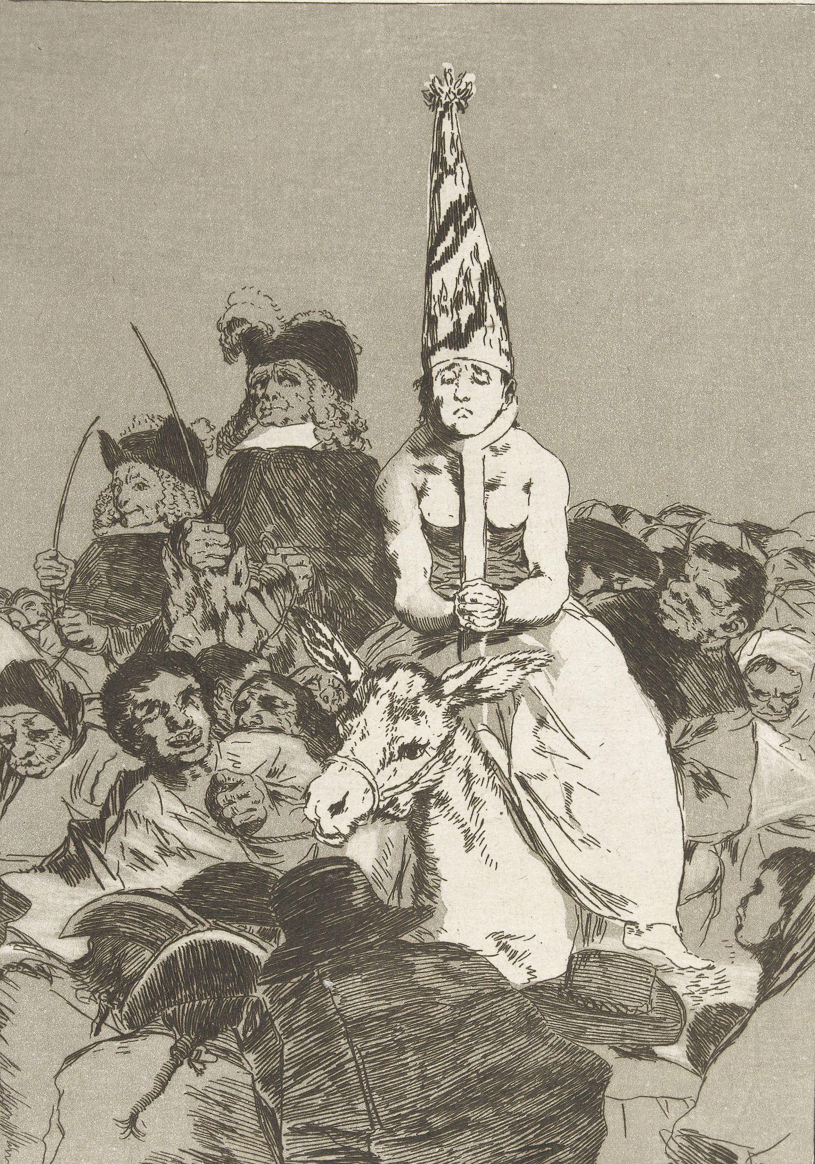 A crowd surrounds a woman condemned by the Spanish Inquisition, by Francisco de Goya, c. 1797-1799. Rijksmuseum. Public Domain.