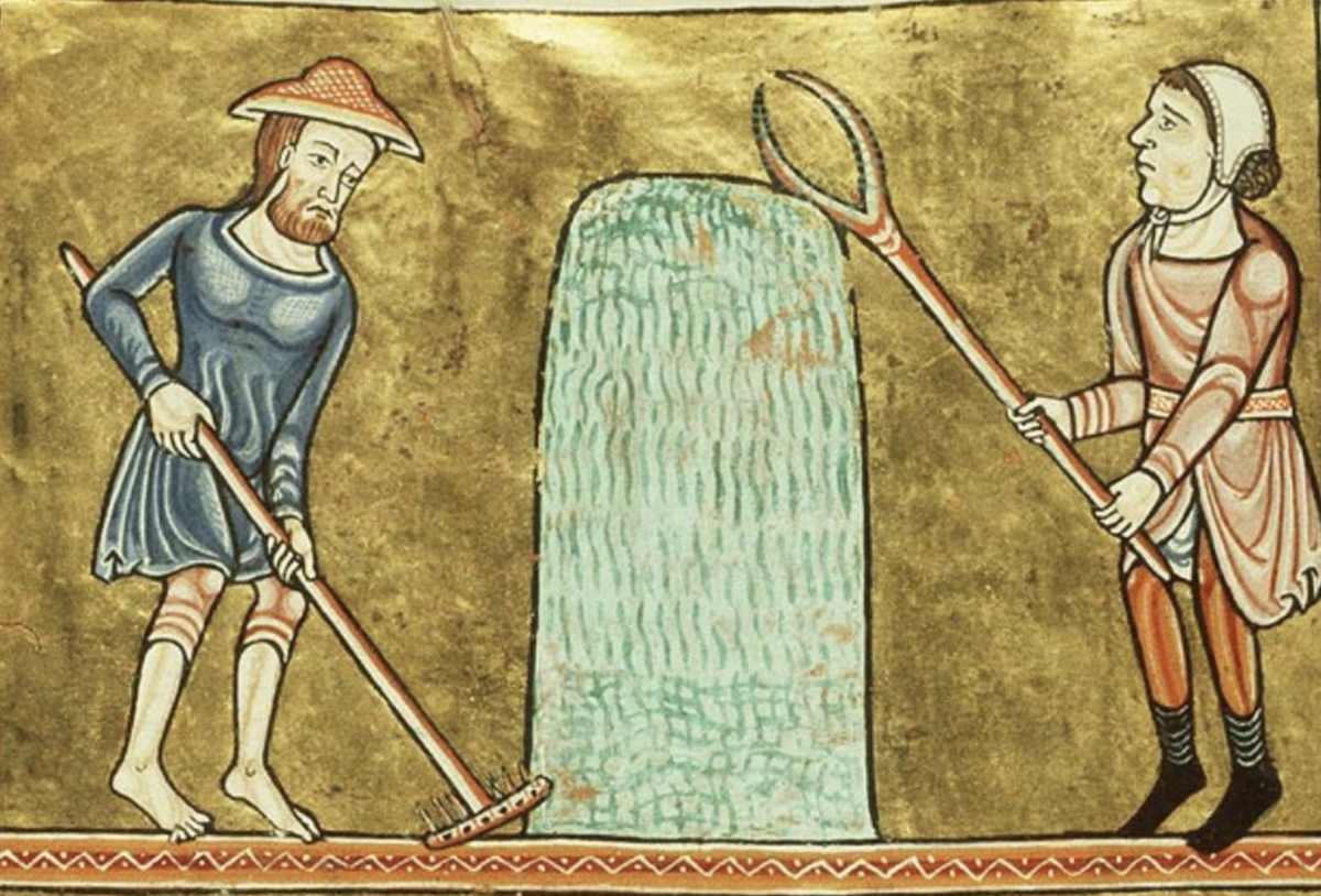 Men mowing and turning grass and making haystacks, c. 1180. Koninklijke Bibliotheek. Public Domain.