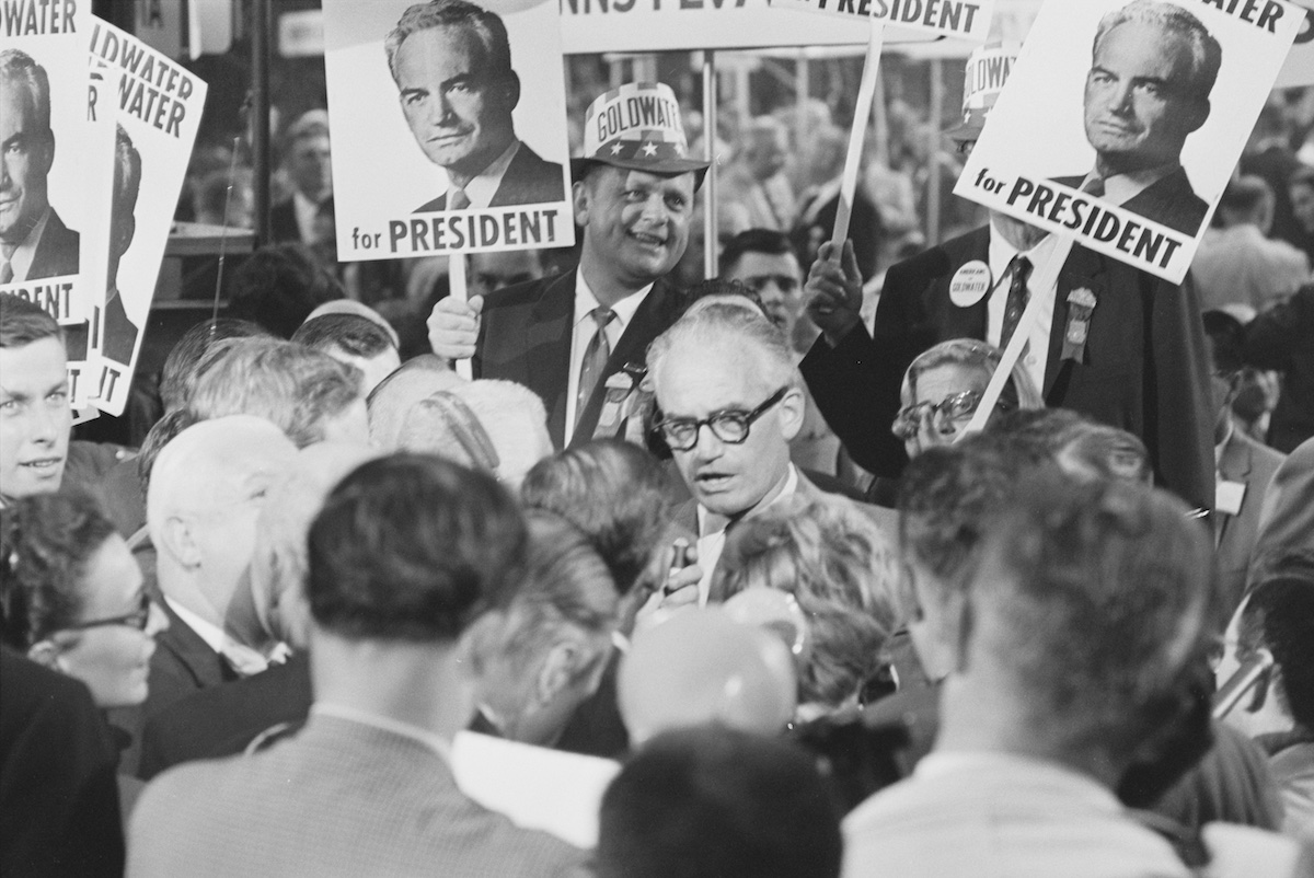 Delegates surrounding Senator Barry Goldwater during the Republican National Convention, Chicago, Illinois, 1960. Library of Congress. Public Domain.