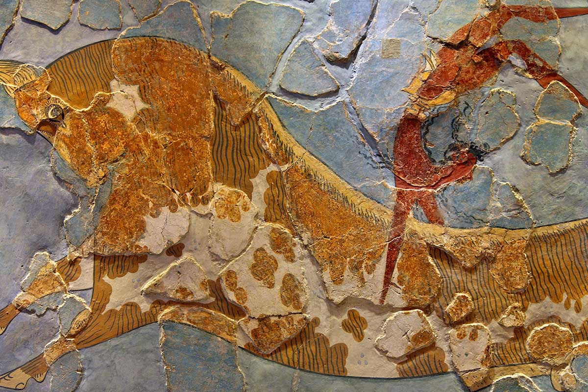 Detail from the Bull-leaping fresco from the Minoan Palace of Knossos. Carole Raddato (CC BY-SA 2.0 DEED).