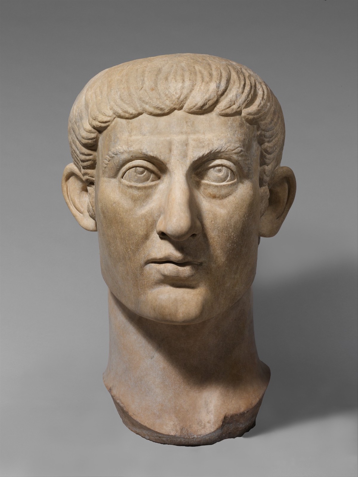 Marble portrait head of the Emperor Constantine I, the first Christian ruler of Rome, c. 325-370. Metropolitan Museum of Art. Public Domain.