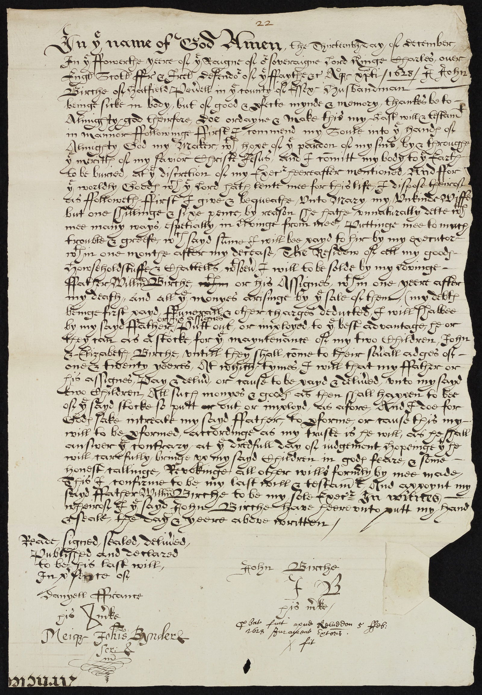 The will of John Birche of Hatfield Peverill, 1628. Essex Record Office.