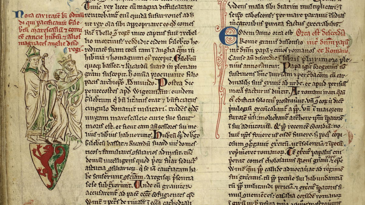 Saint Edmund of Abingdon bringing about the reconciliation of Gilbert Marshal and Henry III, from Matthew Paris’ Historia Anglorum, 1250s. © British Library Board/Bridgeman Images.