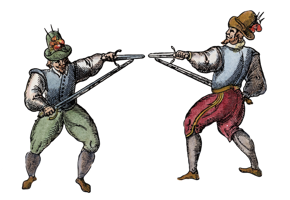 Pointy end: duelling techniques used by Elizabethan theatrical luminaries like Gabriel Spencer and Ben Jonson, illustrated in Vincentio Saviolo, his Practise, 1595. The Granger Collection/Alamy Stock Photo.