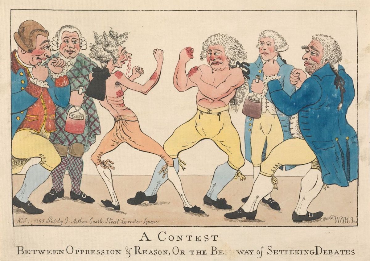 ‘A Contest between Oppression and Reason, On the Best Way of Settleing Debates’ by William O'Keefe, c. 1795. Yale Center for British Art, Paul Mellon Collection. Public Domain. ‘A Contest between Oppression and Reason, On the Best Way of Settleing Debates’ by William O'Keefe, c. 1795. Yale Center for British Art, Paul Mellon Collection. Public Domain.