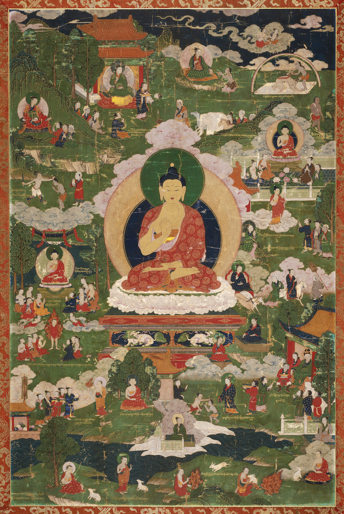 The Buddha seated cross legged on a lotus throne, surrounded by scenes from his life. Tibet, 18th century. Photograph © 2023 Museum of Fine Arts, Boston. All rights reserved. / Denman Waldo Ross Collection / Bridgeman Images.