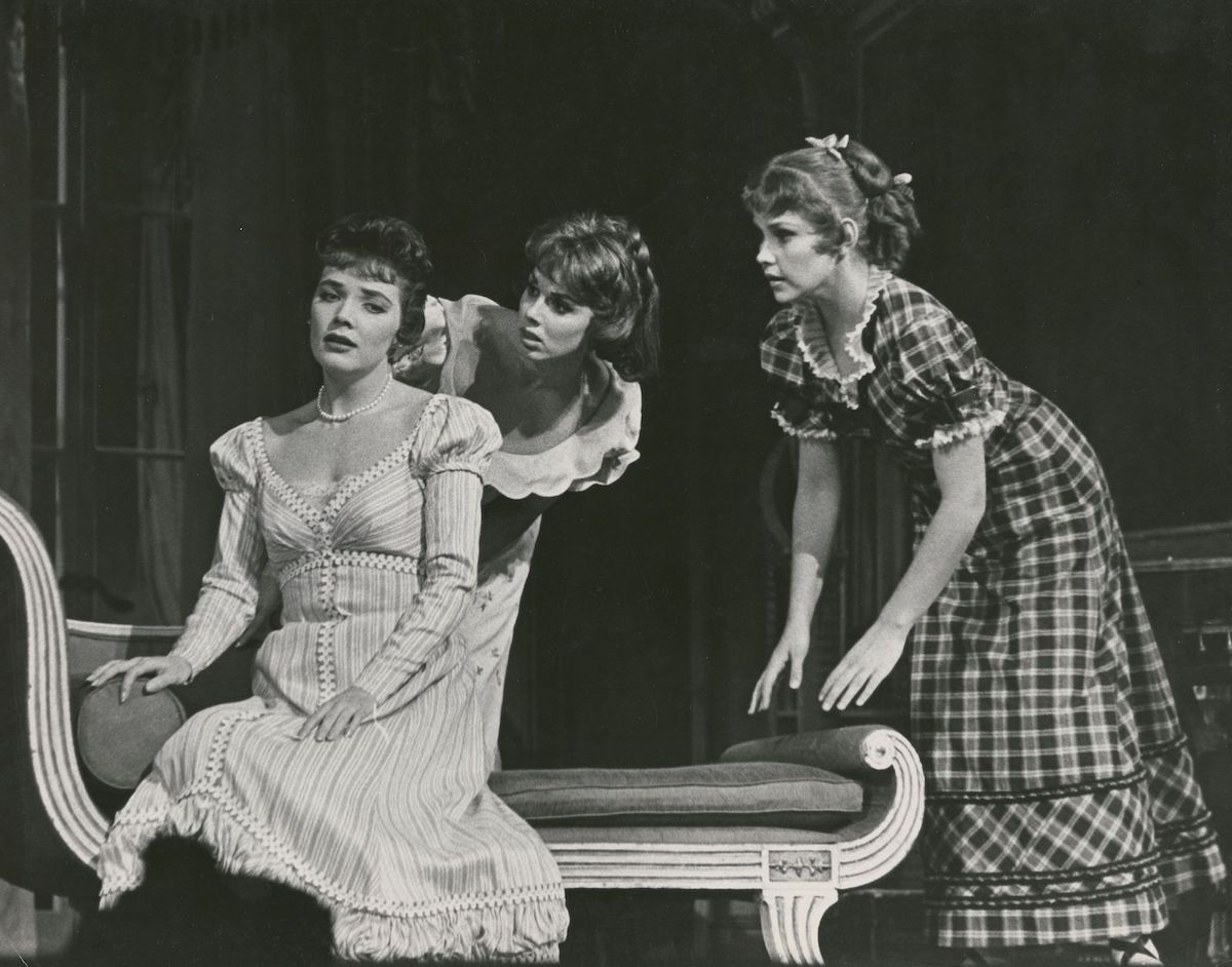 Polly Bergen (as Lizzie Bennet), Phyllis Newman (Jane Bennet) and Lauri Peters (Kitty Bennet) in the stage production of Pride and Prejudice, c. 1959. New York Public Library. Public Domain.