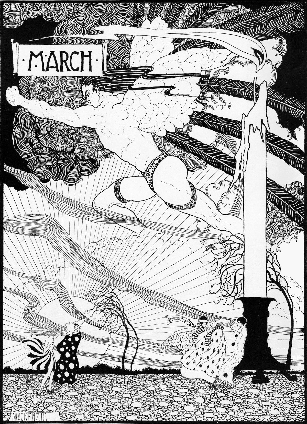 Stormy weather: illustration for the month of March by Mackenzie in The Sketch, 1 March 1916. Illustrated London News/Mary Evans. Stormy weather: illustration for the month of March by Mackenzie in The Sketch, 1 March 1916. Illustrated London News/Mary Evans.