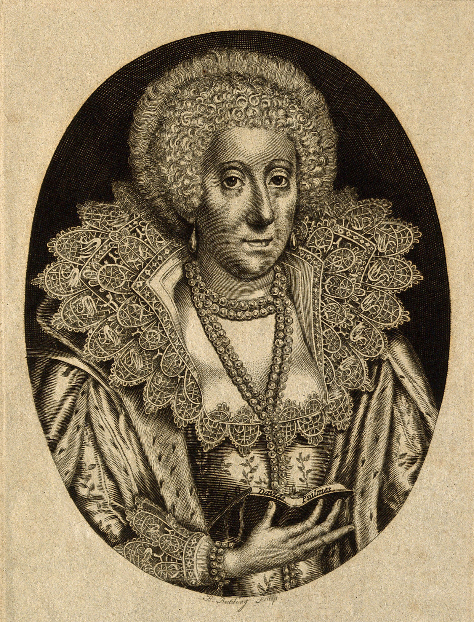 Mary Sidney Herbert, Countess of Pembroke, line engraving by B. Reading after S. van der Passe. Wellcome Collection. Public Domain.