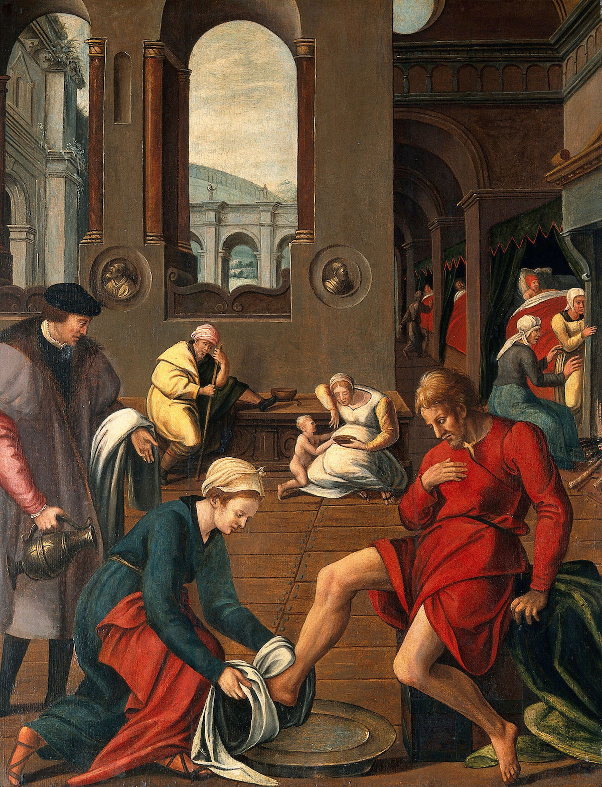 Interior of a hospital with a woman washing a man's feet, unknown artist, c. 16th century. Wellcome Collection. Public Domain.