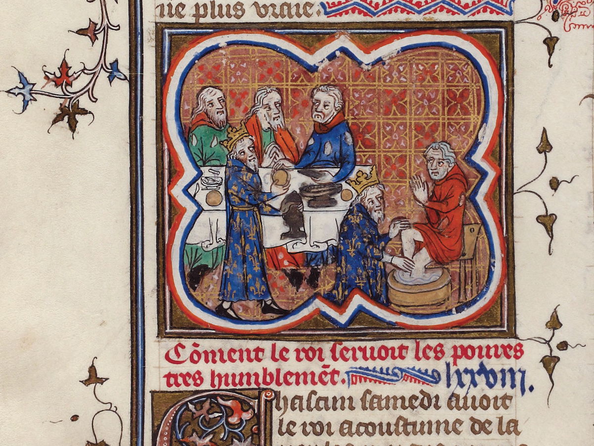 Louis IX feeding the poor and washing their feet, from the Grandes Chroniques de France, 1370-75. Bibliothèque nationale de France.