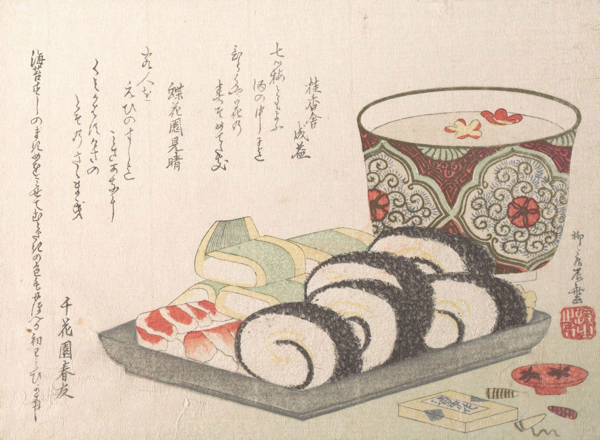 Sushi and New Year’s sake, woodblock print by Ryūryūkyo Shinsai, c. 1810. Metropolitan Museum of Art. Public Domain.