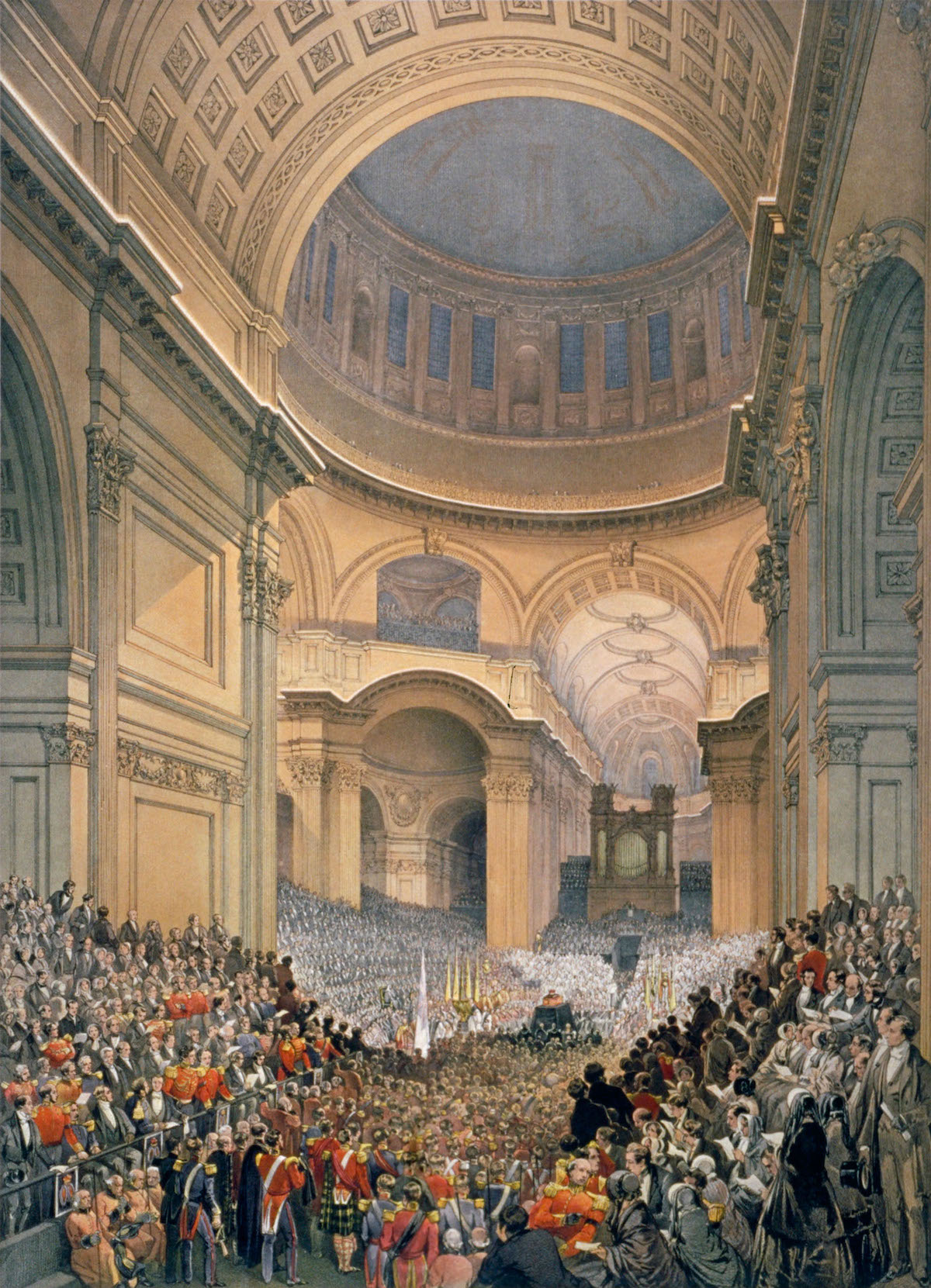 Interior of St Paul’s Cathedral during the funeral of the Duke of Wellington, 1852, by William Simpson. Heritage Image Partnership/Alamy Stock Photo.