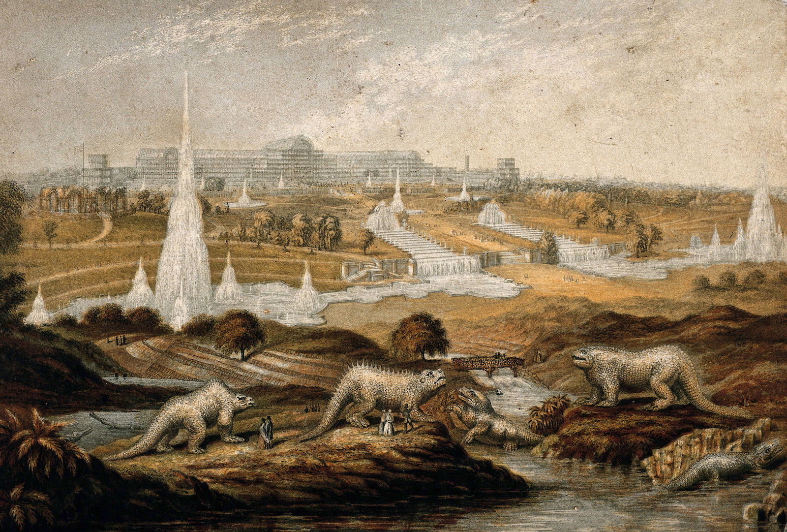 A view of Crystal Palace with the dinosaurs in the foreground, process print by G. Baxter, c. 1864. Wellcome Collection. Public Domain.