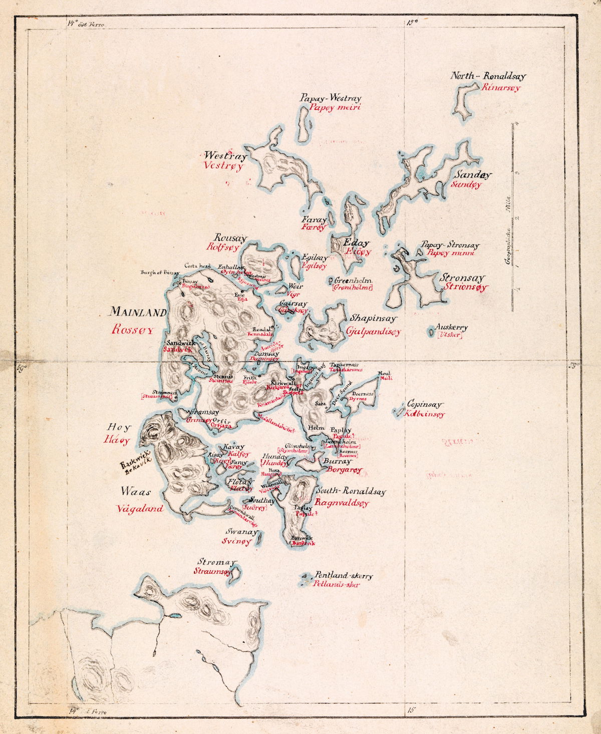 Map of Orkney, labelled in English (black) and Norwegian (red), c.1850. Najonalbibliotekets, Norway.