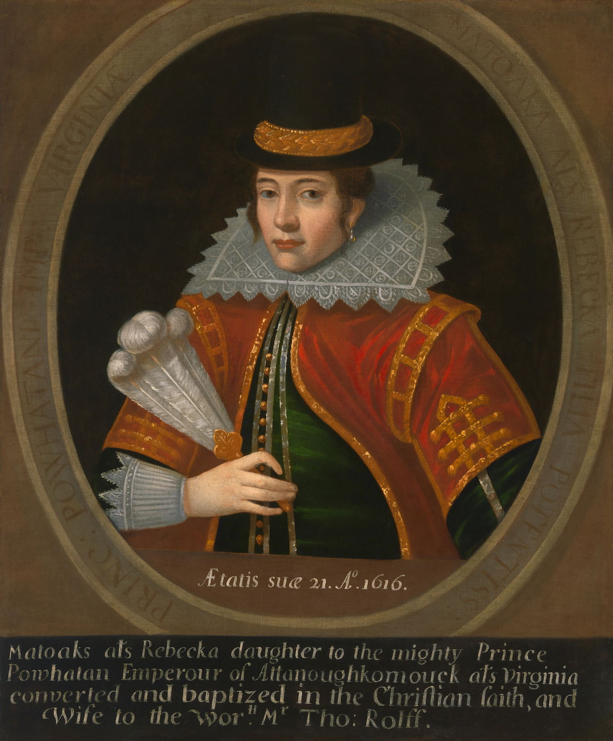 Pocahontas in England, copy after Simon van de Passe, c. 1616.  National Portrait Gallery, Smithsonian Institution. Public Domain.