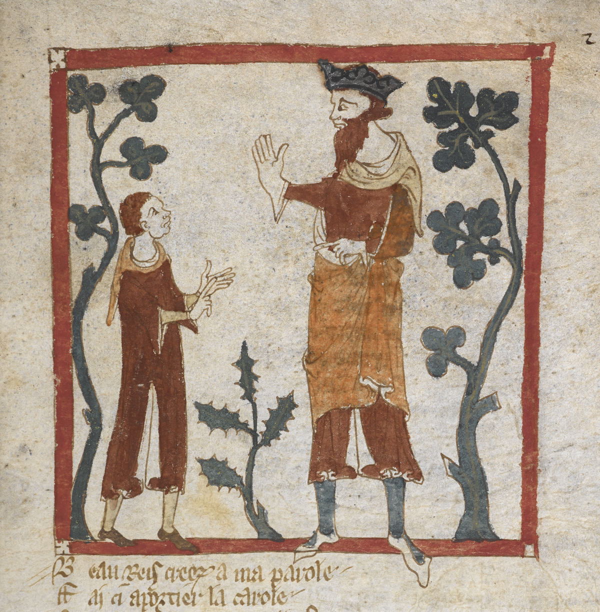 Merlin advises Vortigern, from the Roman de Brut, translation of Geoffrey’s History by Wace, English, 1338-40. British Library/Bridgeman Images.