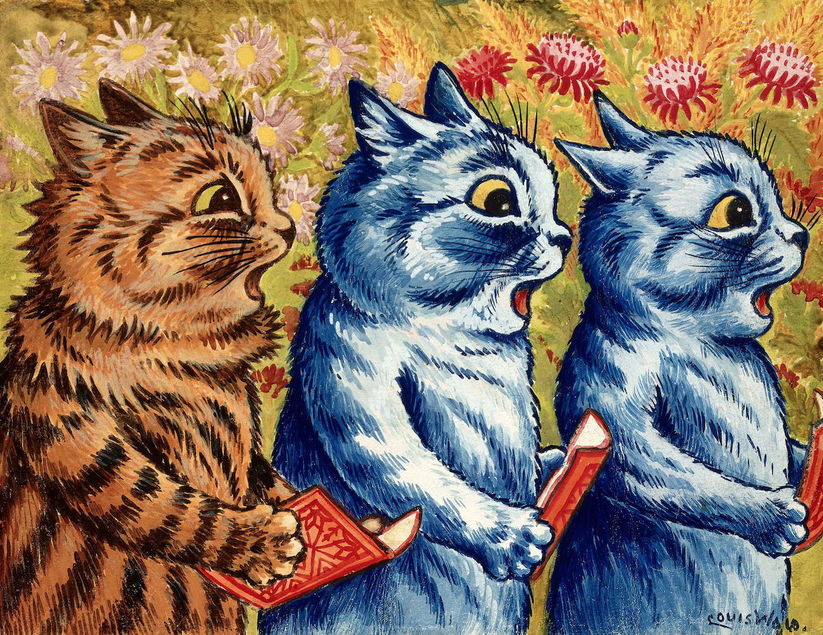 Three cats singing, by Louis Wain, c. 1925-39. Wellcome Collection. Public Domain. Three cats singing, by Louis Wain, c. 1925-39. Wellcome Collection. Public Domain.