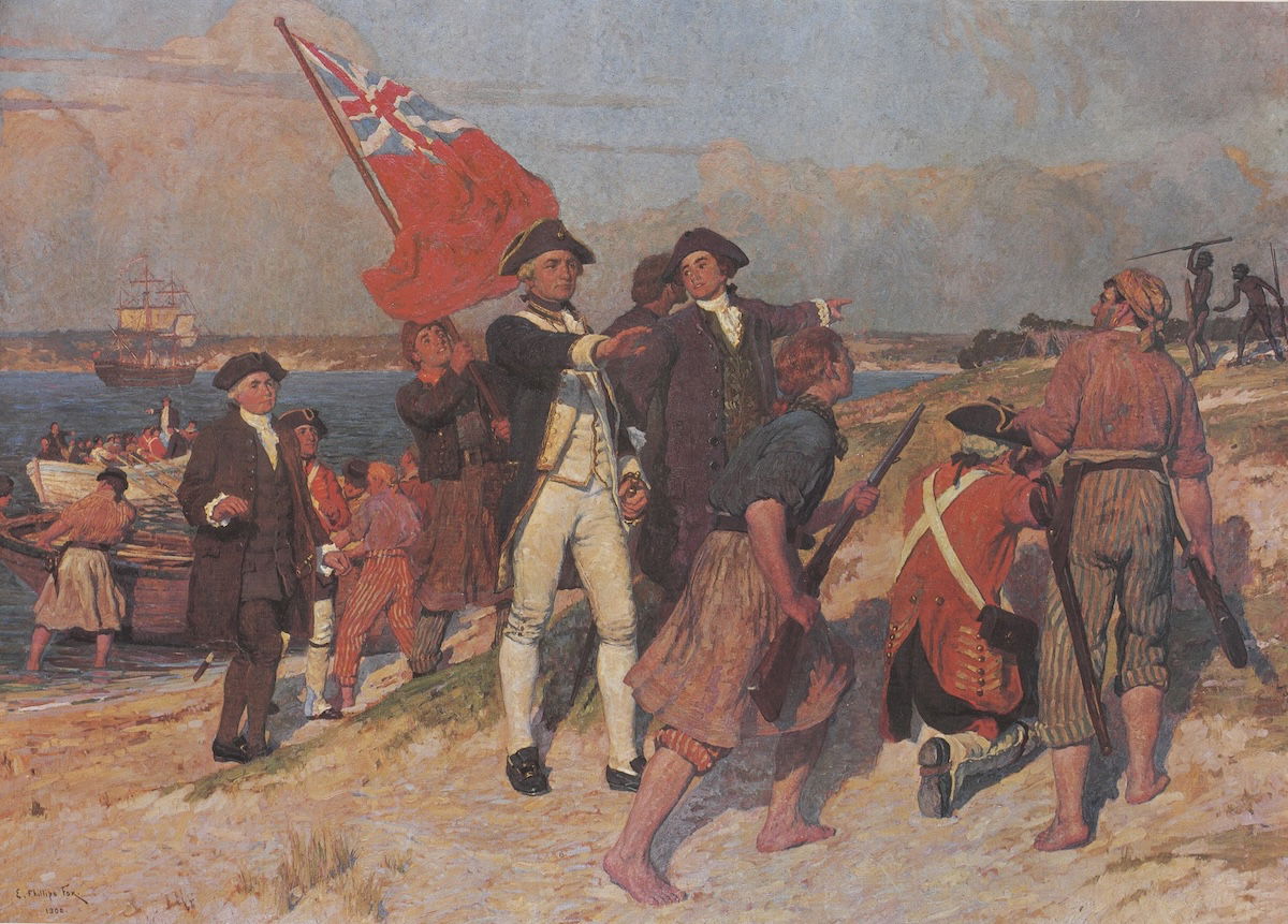 Landing of Captain Cook at Botany Bay, 1770, by E. Phillips Fox, 1902. Print c. 1960. State Library of Victoria. Public Domain. Landing of Captain Cook at Botany Bay, 1770, by E. Phillips Fox, 1902. Print c. 1960. State Library of Victoria. Public Domain.