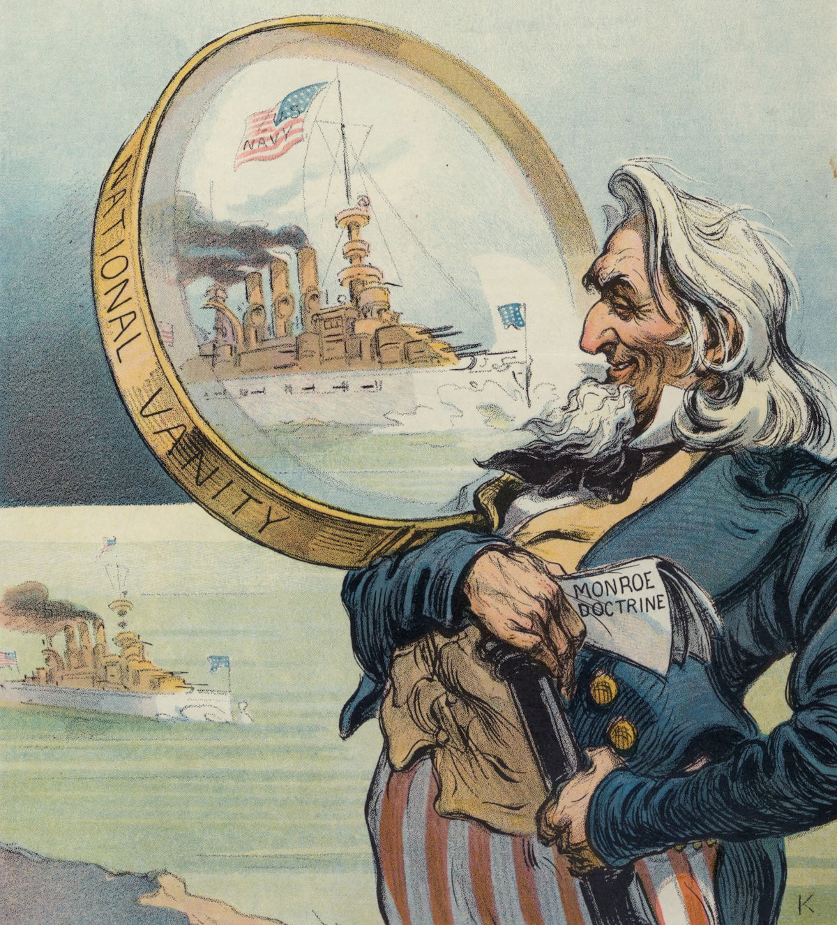 ‘Magnified security’, cover illustration for Puck, by Udo J. Keppler, 6 May 1908. Library of Congress. Public Domain. ‘Magnified security’, cover illustration for Puck, by Udo J. Keppler, 6 May 1908. Library of Congress. Public Domain.