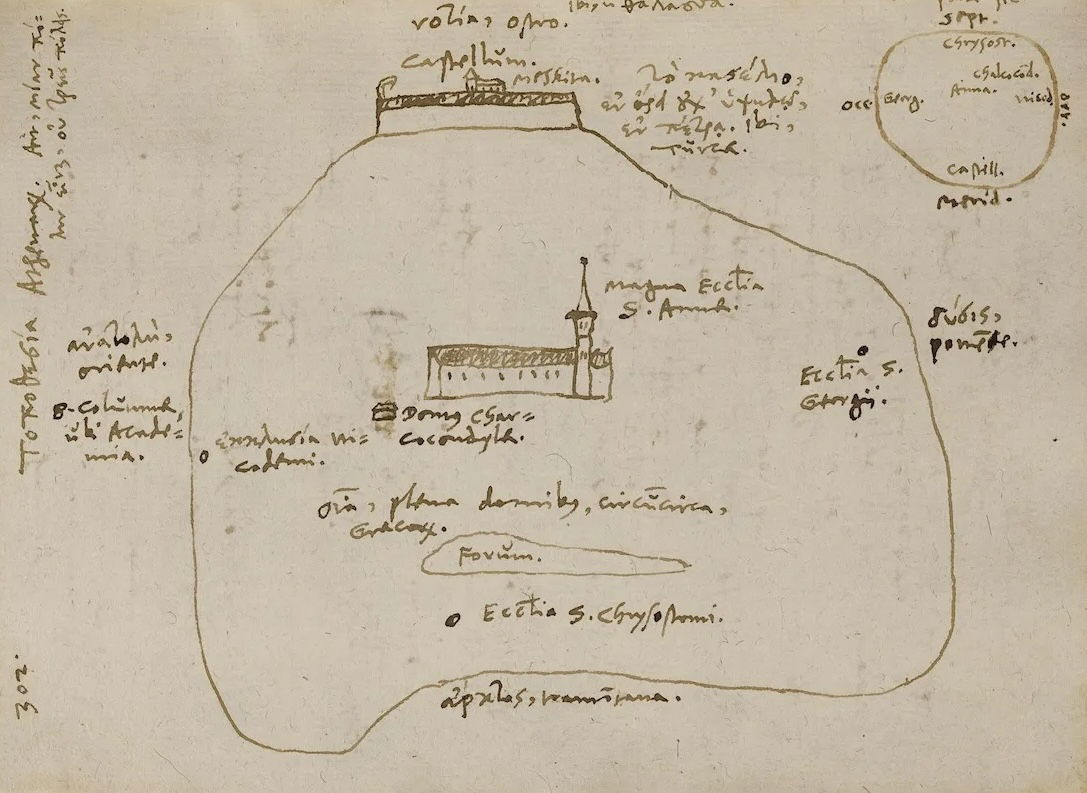 Martin Crusius’ map of Athens, 16th century. Universitätsbibliothek Tübingen.
