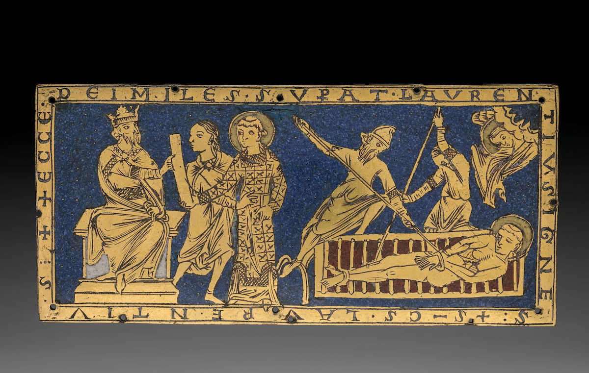 Condemnation and martyrdom of Saint Lawrence, gilded copper and champlevé enamel from Germany, c. 1180. The Cleveland Museum of Art. Public Domain. Condemnation and martyrdom of Saint Lawrence, gilded copper and champlevé enamel from Germany, c. 1180. The Cleveland Museum of Art. Public Domain.