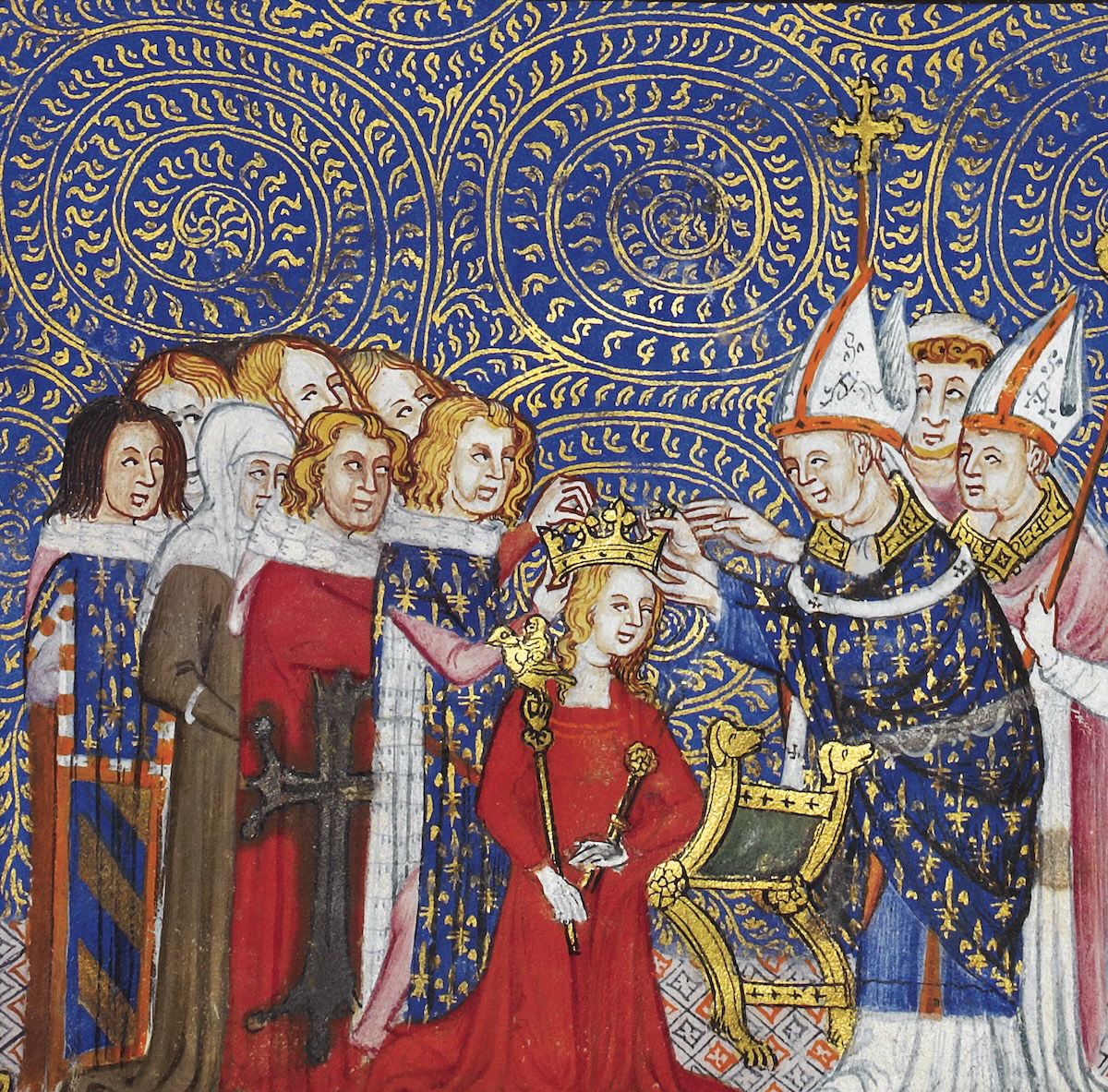 The archbishop of Rheims crowning a queen, from The Coronation Book of Charles V, King of France, c.1365-80. British Library/Bridgeman Images. The archbishop of Rheims crowning a queen, from The Coronation Book of Charles V, King of France, c.1365-80. British Library/Bridgeman Images.