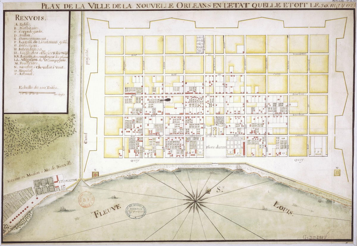 ‘Map of the City of New Orleans as it was on May 30, 1725’. Library of Congress. Public Domain. ‘Map of the City of New Orleans as it was on May 30, 1725’. Library of Congress. Public Domain.