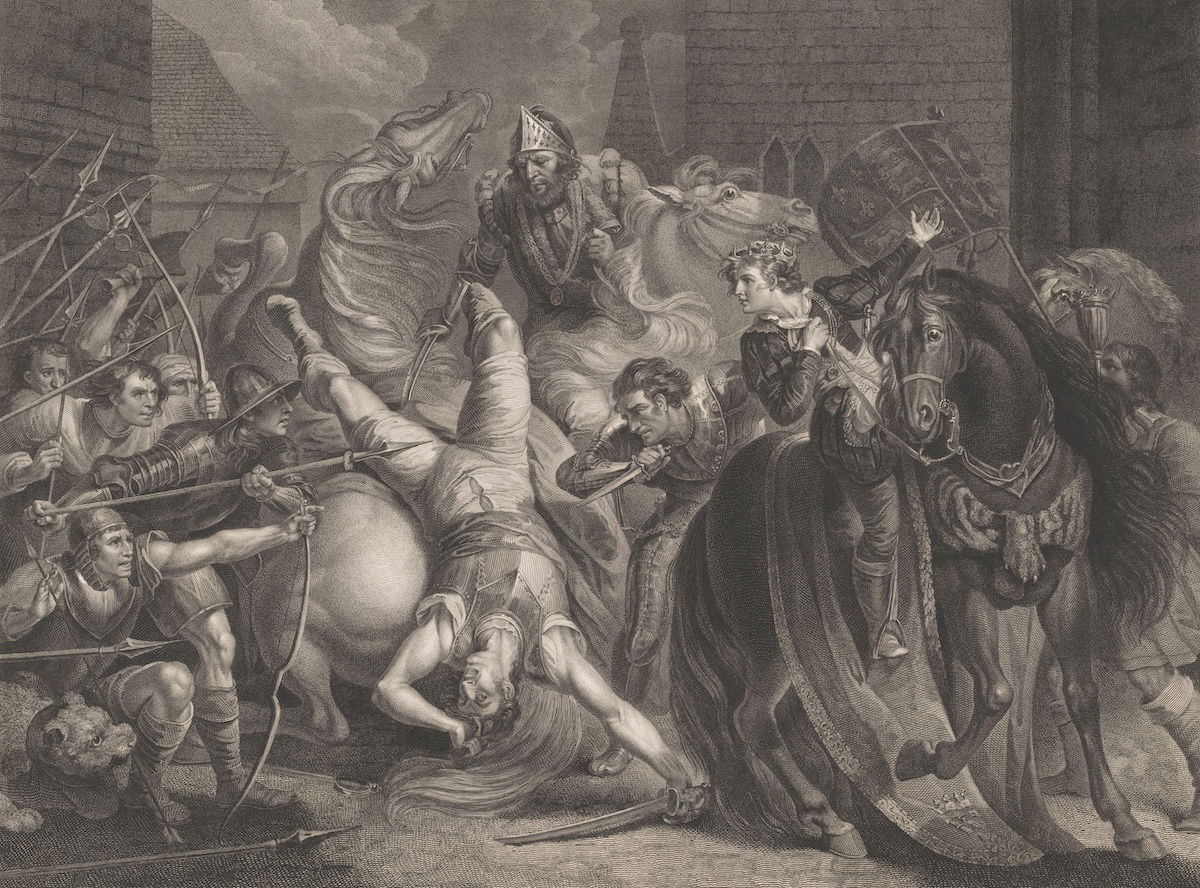 William Walworth murders Wat Tyler under the watchful eye of Richard II, by Anker Smith, 1796. Rijksmuseum. Public Domain. William Walworth murders Wat Tyler under the watchful eye of Richard II, by Anker Smith, 1796. Rijksmuseum. Public Domain.