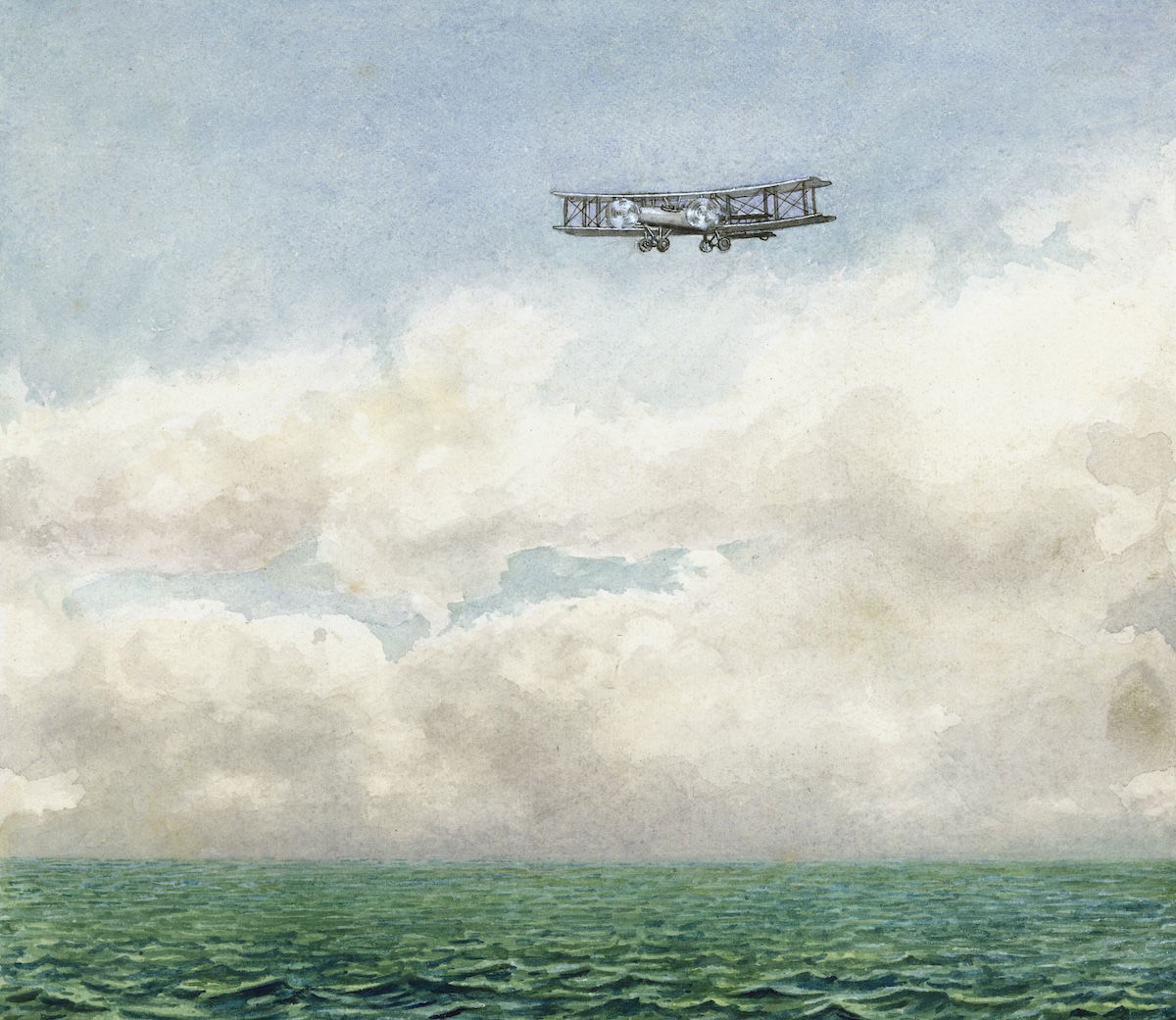 ‘“ALCOCK” Flight’, watercolour illustration from a collection of stamps and flight memorabilia, early 20th century. SSPL/Getty Images. ‘“ALCOCK” Flight’, watercolour illustration from a collection of stamps and flight memorabilia, early 20th century. SSPL/Getty Images.