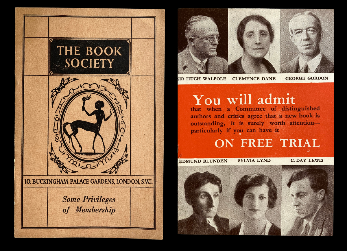 A members’ booklet for the Book Society and a promotional flyer. From the Centre for Ephemera Studies; Lettering, Printing and Graphic Design Collections; Department of Typography and Graphic Communication, University of Reading. With thanks to Emma Minns A members’ booklet for the Book Society and a promotional flyer. From the Centre for Ephemera Studies; Lettering, Printing and Graphic Design Collections; Department of Typography and Graphic Communication, University of Reading. With thanks to Emma Minns