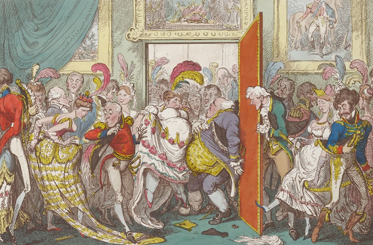 ’Inconveniences of a Crowded Drawing Room, May 6, 1818‘, a royal reception at Buckingham Palace by George Cruikshank. Minneapolis Institute of Art. Public Domain. ’Inconveniences of a Crowded Drawing Room, May 6, 1818‘, a royal reception at Buckingham Palace by George Cruikshank. Minneapolis Institute of Art. Public Domain.