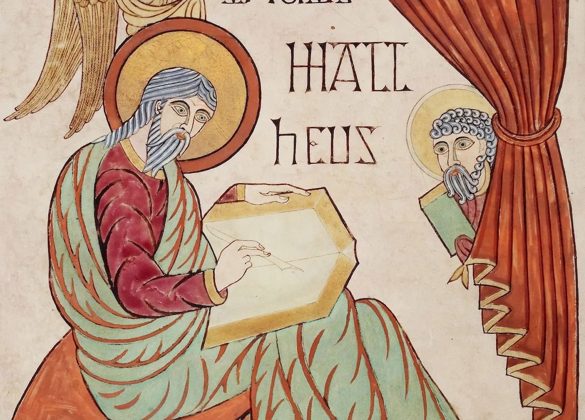 St Matthew writing, the Lindisfarne Gospels, 710-20. British Library/Bridgeman Images.