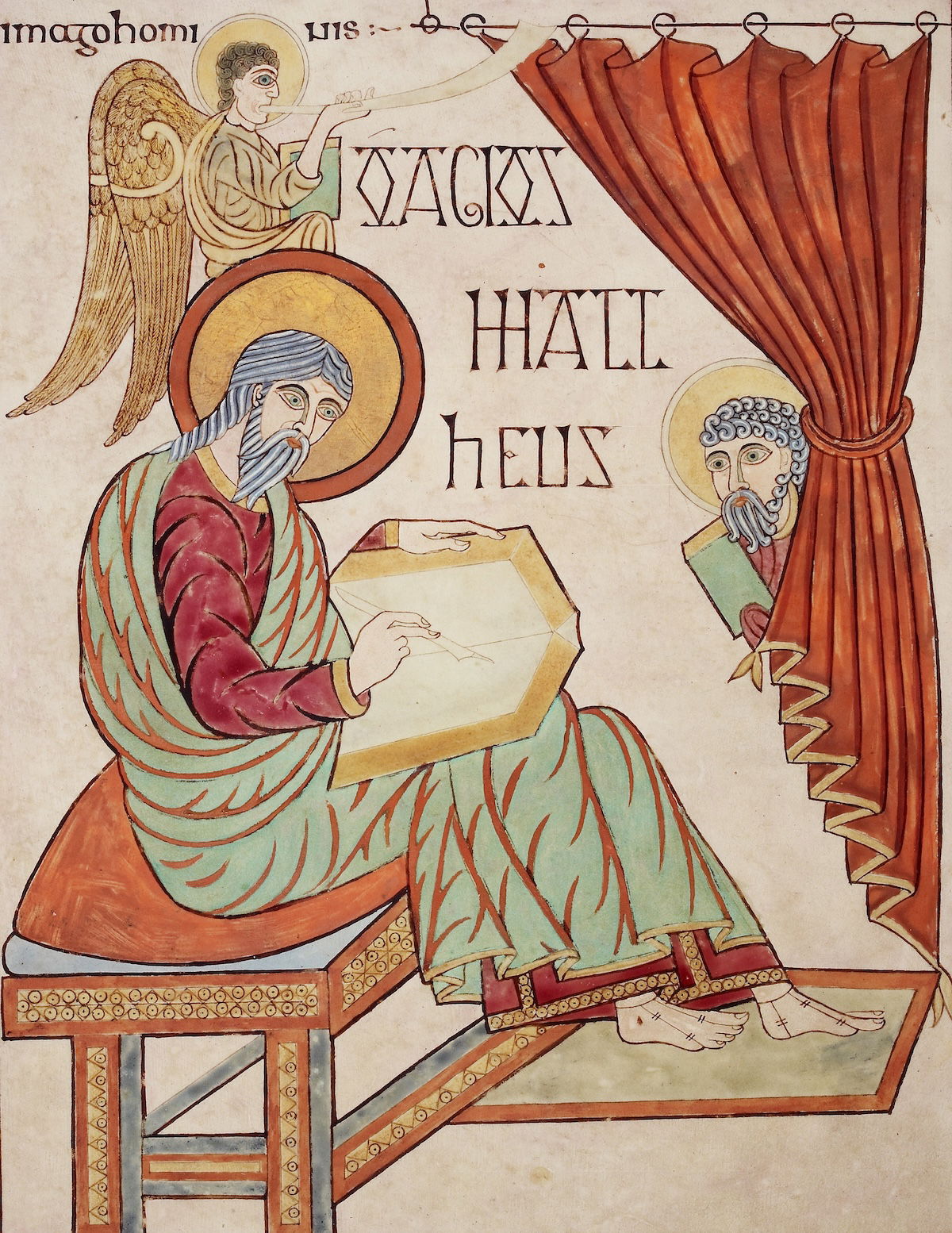 St Matthew writing, the Lindisfarne Gospels, 710-20. British Library/Bridgeman Images. St Matthew writing, the Lindisfarne Gospels, 710-20. British Library/Bridgeman Images.