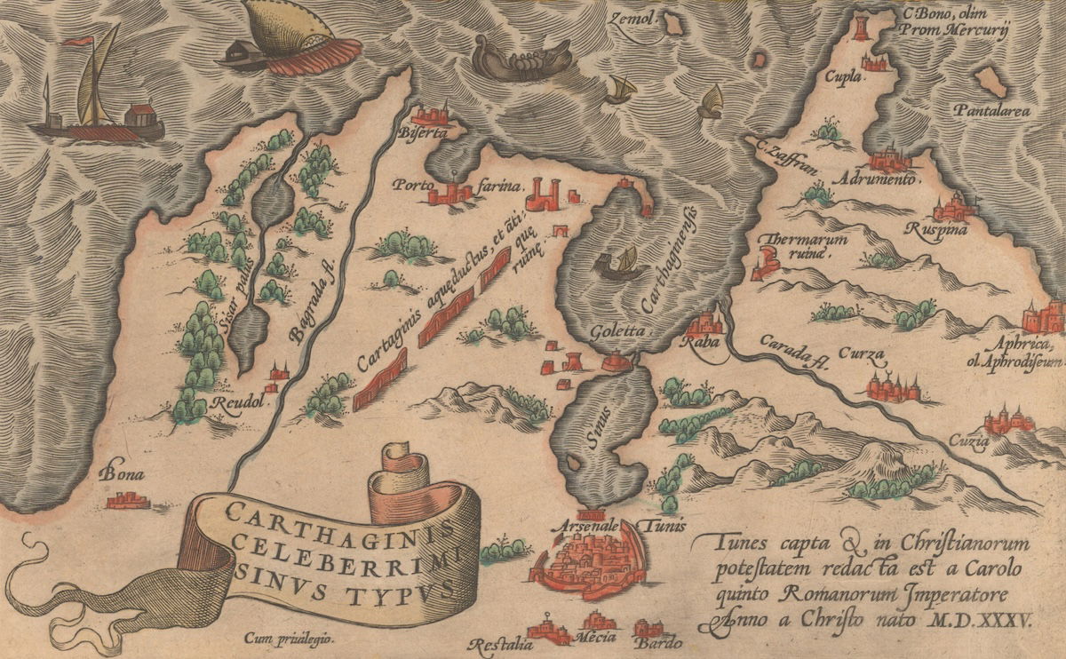 Map of Tunis by Abraham Ortelius, late 16th century. National Library of Israel. Public Domain. Map of Tunis by Abraham Ortelius, late 16th century. National Library of Israel. Public Domain.