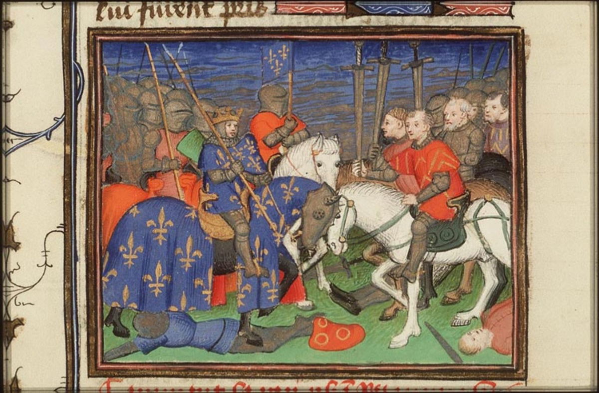 French king Philip II’s victory at the Battle of Bouvines, from Le Miroir Historial (Vol. IV), c.1400-10. KB, National Library of the Netherlands. Public Domain.