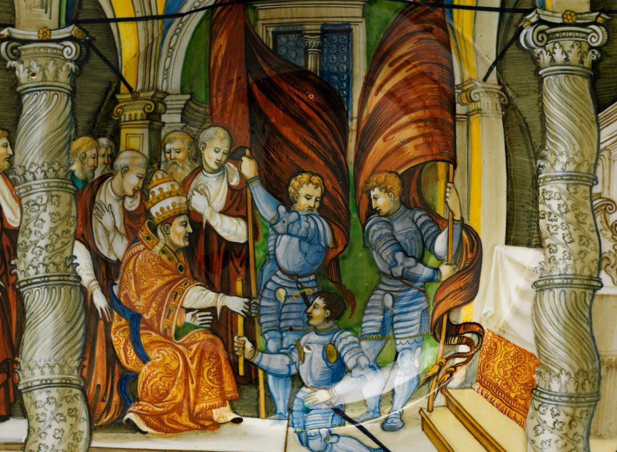 Pope Leo X presenting a baton to Federigo II Gonzaga, marquis of Mantua, on his appointment as captain general of the Church in 1521, Nicola da Urbino, c.1525-30. Metropolitan Museum of Art. Public Domain. Pope Leo X presenting a baton to Federigo II Gonzaga, marquis of Mantua, on his appointment as captain general of the Church in 1521, Nicola da Urbino, c.1525-30. Metropolitan Museum of Art. Public Domain.