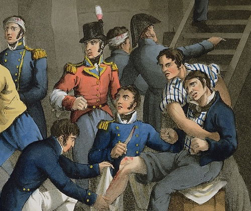 Nelson and other wounded officers being treated during the Battle of the Nile. Illustration by William Heath, from Historic, Military and Naval Anecdotes, 1819. Bridgeman Images.