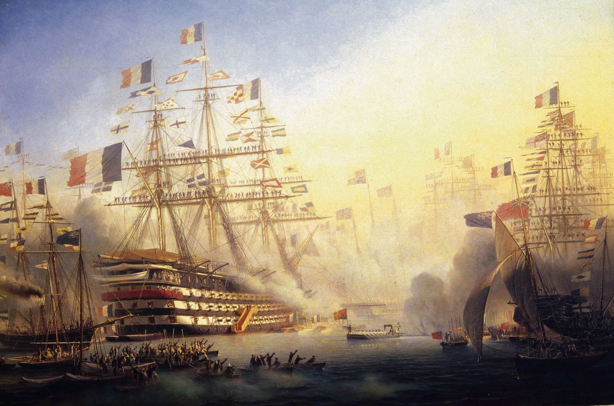 Napoleon III receiving Queen Victoria on board La Bretagne, 6 August 1858, at the port of Cherbourg, by Antoine Léon Morel-Fatio, 1859. Heritage Images/TopFoto. Napoleon III receiving Queen Victoria on board La Bretagne, 6 August 1858, at the port of Cherbourg, by Antoine Léon Morel-Fatio, 1859. Heritage Images/TopFoto.
