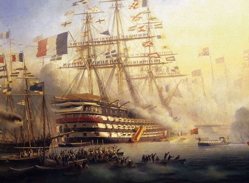 Napoleon III receiving Queen Victoria on board La Bretagne, 6 August 1858, at the port of Cherbourg, by Antoine Léon Morel-Fatio, 1859. Heritage Images/TopFoto.