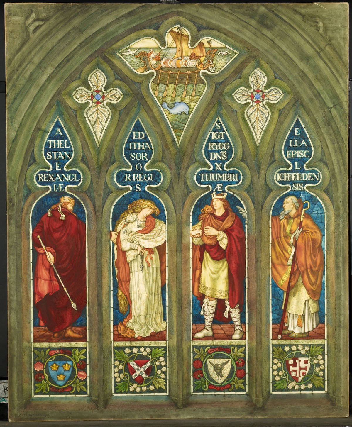 Æthelstan gives away his sister, St Editha to Sigtrid, king of Northumbria, watercolour byThomas Mattews Rooke after a stained glass window by Ford Madox Brown, 1909. Birmingham Museums Trust/Birmingham Museum & Art Gallery. Public Domain. Æthelstan gives away his sister, St Editha to Sigtrid, king of Northumbria, watercolour byThomas Mattews Rooke after a stained glass window by Ford Madox Brown, 1909. Birmingham Museums Trust/Birmingham Museum & Art Gallery. Public Domain.