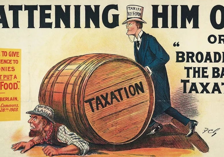 ‘Flattening Him Out or Broadening the Basis of Taxation’, anti-tariff poster. LSE Library. Public Domain
