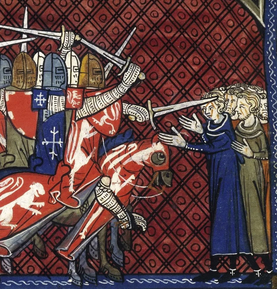 Pope Innocent III declaring the crusade against the Cathars and an attack on the Albigensians, miniature from the Grandes Chroniques de France ou de Saint Denis, 14th century. British Library/Bridgeman Images.