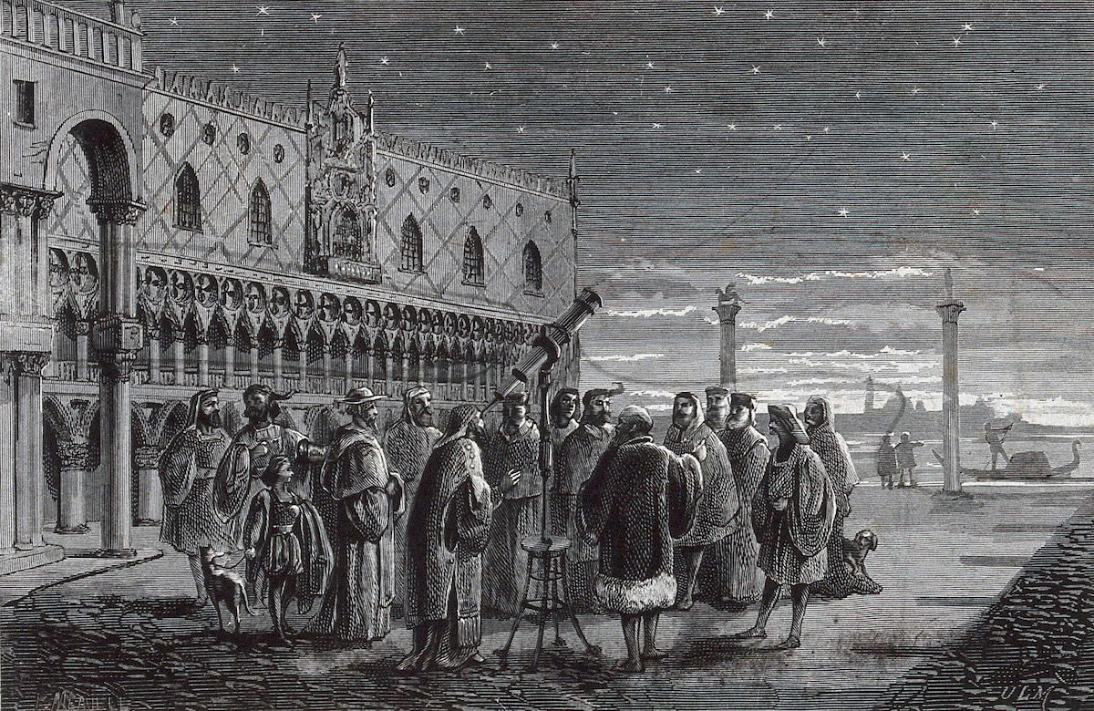 Galileo with his telescope in the Piazza San Marco, Venice. Wellcome Collection. Public Domain.