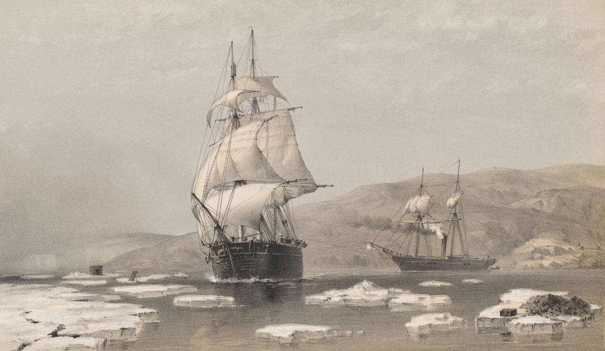 HMS Assistance and Pioneer searching for the lost Franklin expedition, Walter W. May, 1855. New York Public Library. Public Domain. HMS Assistance and Pioneer searching for the lost Franklin expedition, Walter W. May, 1855. New York Public Library. Public Domain.