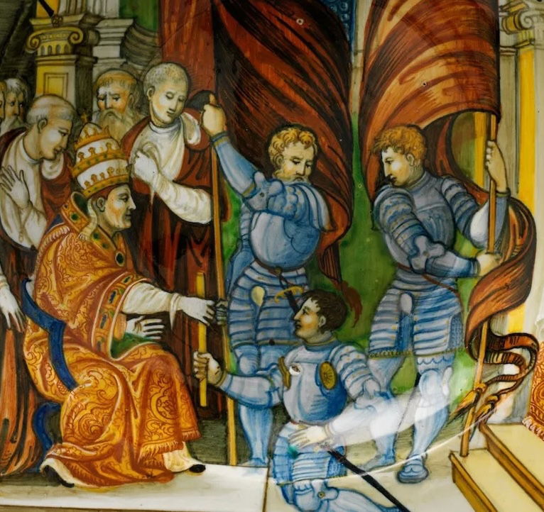 Pope Leo X presenting a baton to Federigo II Gonzaga, marquis of Mantua, on his appointment as captain general of the Church in 1521, Nicola da Urbino, c.1525-30. Metropolitan Museum of Art. Public Domain.