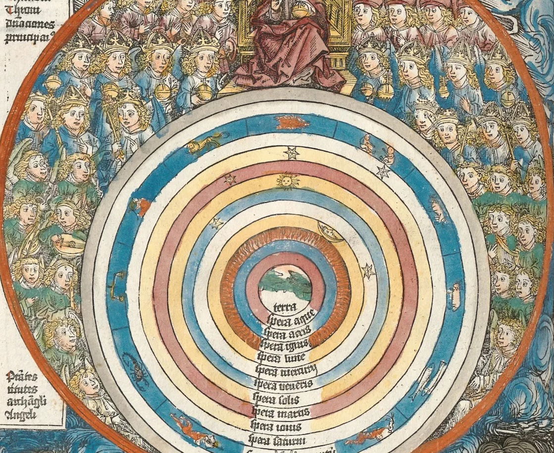Christian conception of the universe, with the Earth at the centre, embraced by the realm of God and his angelic court. Woodcut from the Nuremberg Chronicle, 1493. Bavarian State Library. Public Domain.
